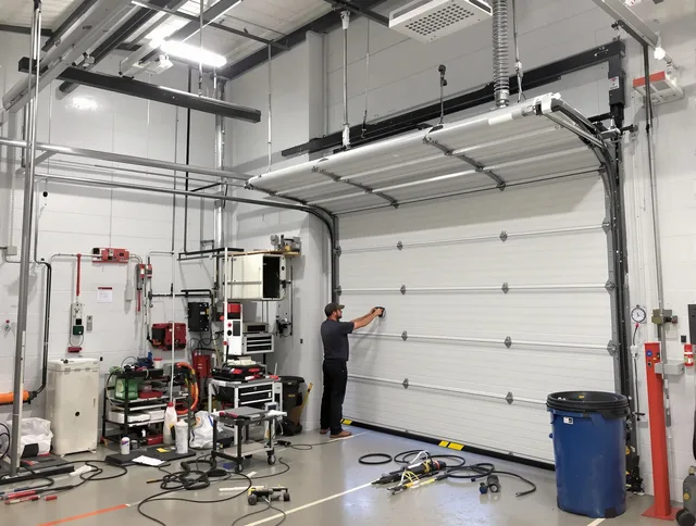 Pomona Garage Door Repair certified technician performing commercial door repair at a Pomona business facility
