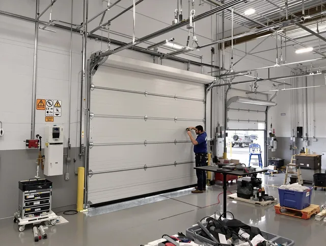 Commercial garage door repair being performed by Pomona Garage Door Repair expert in Pomona