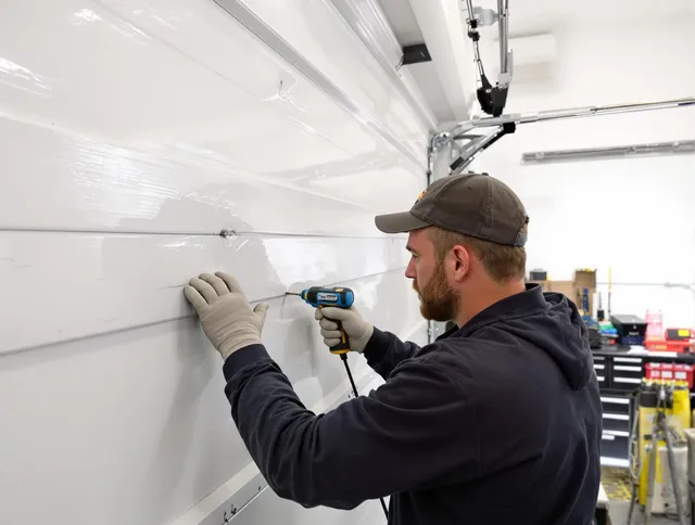 Pomona Garage Door Repair technician demonstrating precision dent removal techniques on a Pomona garage door