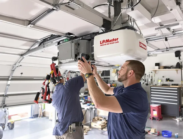 Pomona Garage Door Repair technician performing advanced diagnostics on garage opener in Pomona