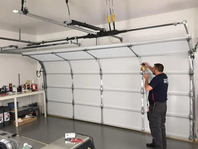 Pomona Garage Door Repair certified technician performing overhead door system repair in Pomona
