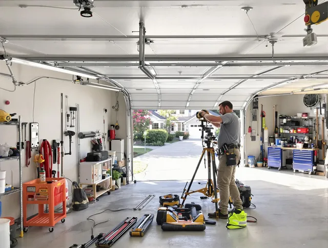 Pomona Garage Door Repair specialist performing laser-guided track alignment in Pomona